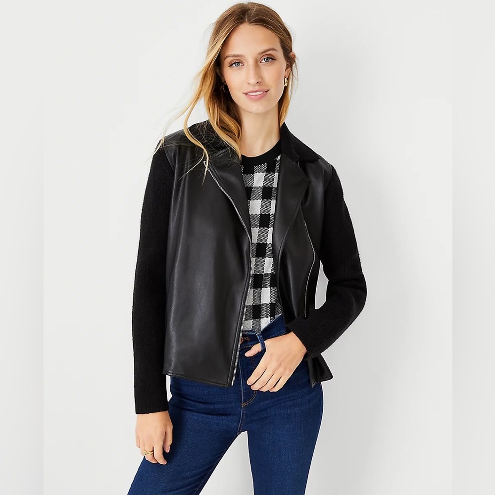 Ann Taylor Faux Leather Moto Sweater Jacket 599193